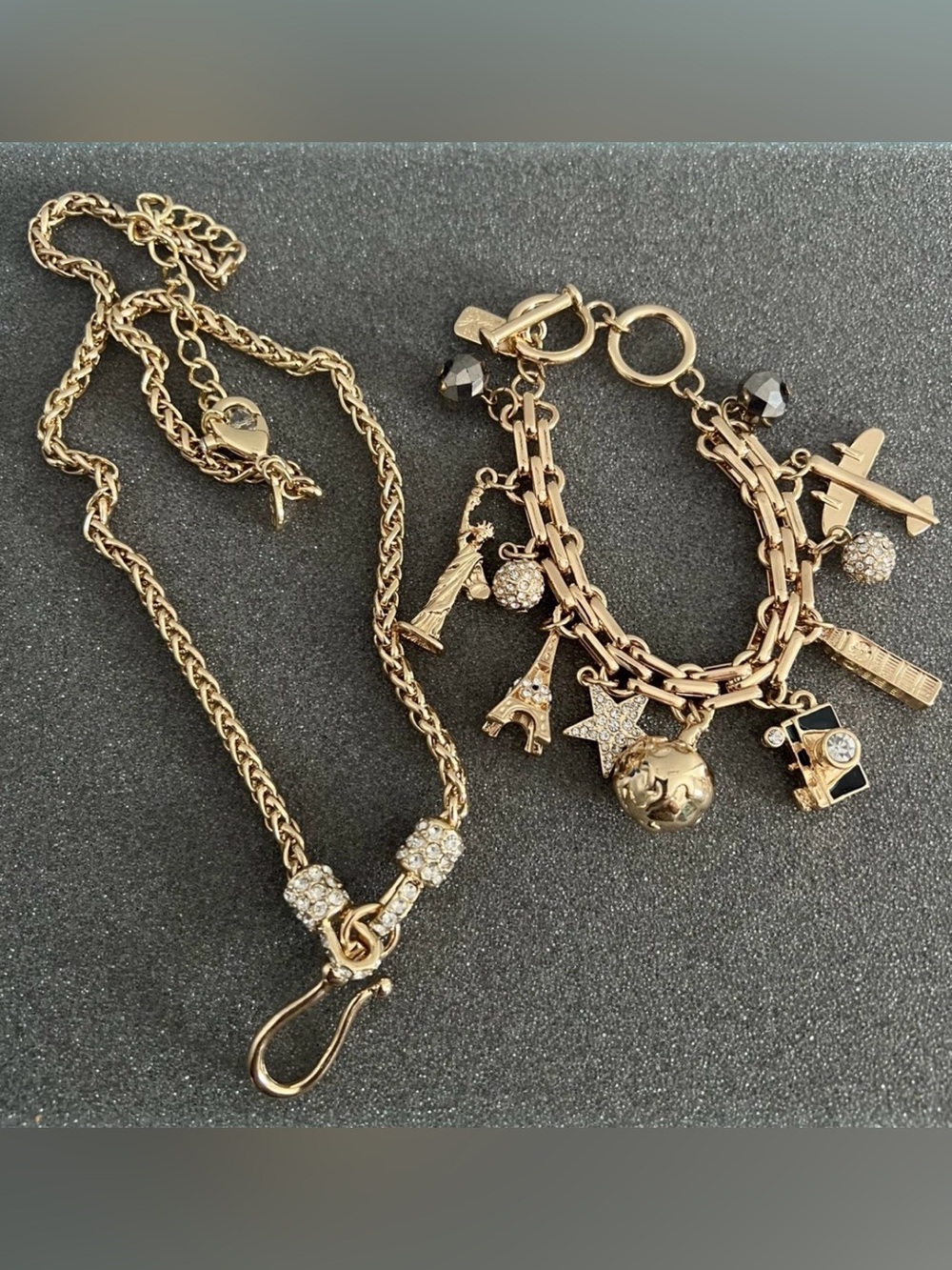 Off Park Collection Travel World Charm Bracelet & Toggle Necklace Gold Tone